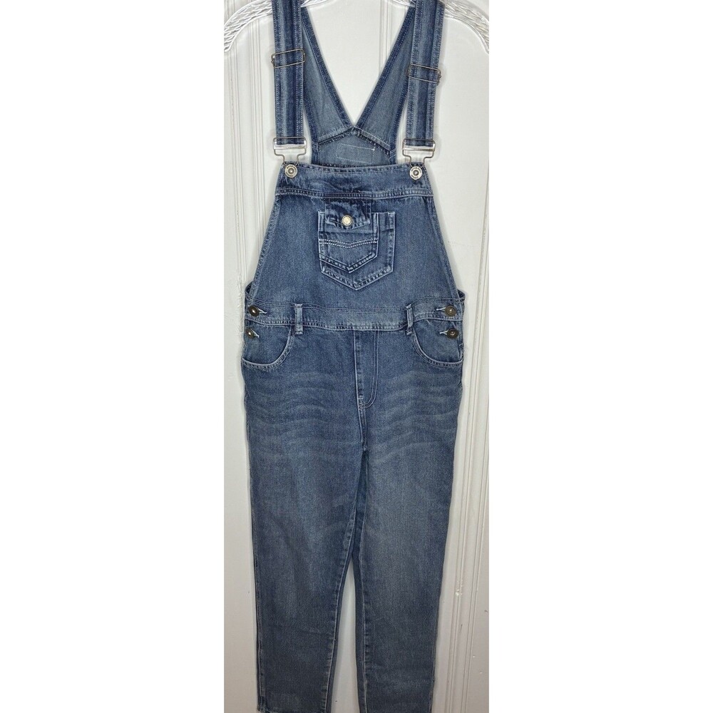 Anna-Kaci denim bib overalls Sz S straight leg med wash utility fashion playful